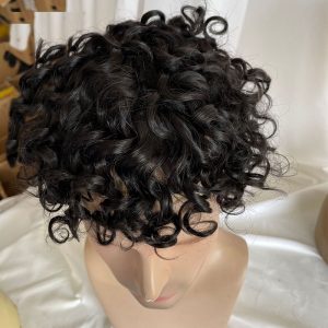 PwigsToupee for Men Indian Remy Human Hair Hairpieces Fine Mono Lace Top PU Perimeter 360 Wave Curly Wigs Hair Replacement System 10x8inch 1B Color - Image 4