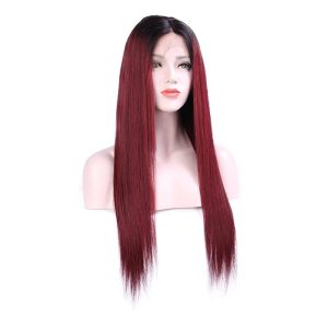 Alternative view of Human Hair Straight Lace Front Wigs Real Brazilian Hair Ombre Black Roots 1B 99J Color