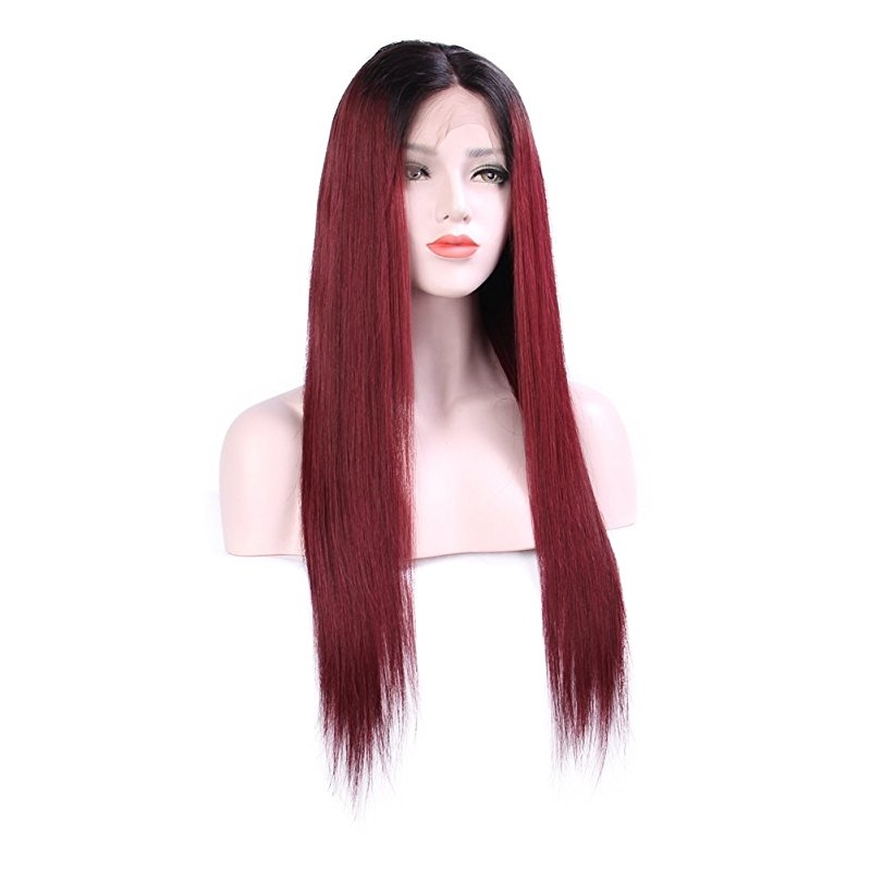 Human Hair Straight Lace Front Wigs Real Brazilian Hair Ombre Black Roots 1B 99J Color - Image 2