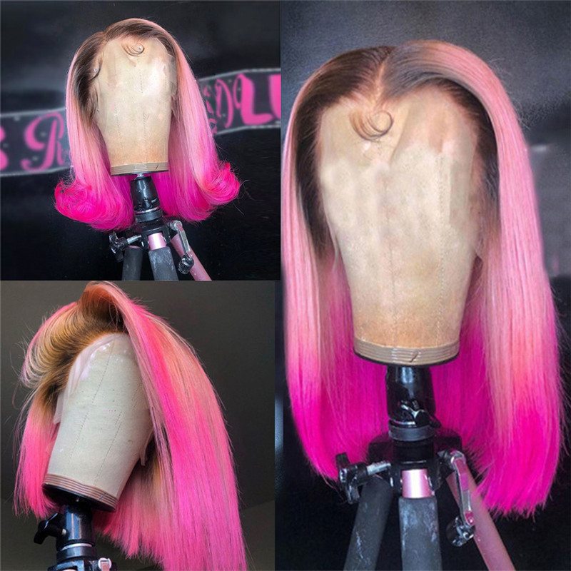 Pink Short Bob Wig Preplucked Red Lace Part Wig Glueless Brazilian Remy Ombre Human Hair Wig Transparent Lace Wigs For Women 150