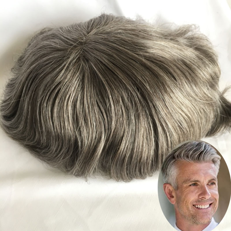 Men's Toupee Human Hair Monofilament Net Base Thin Skin Around with Combs Toupee for Men #2 Mixed 60% Grey - Image 11