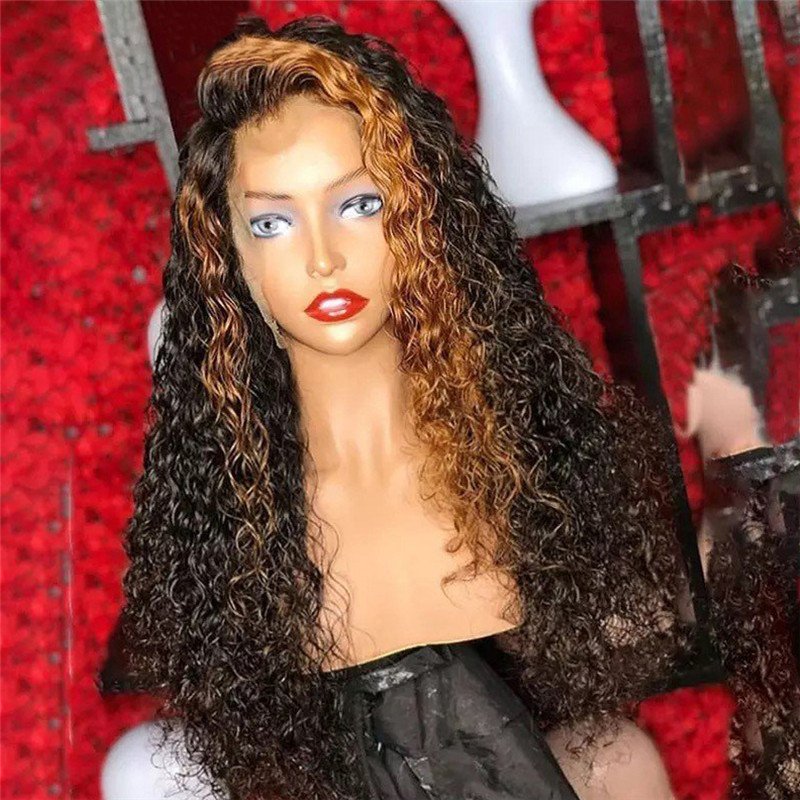 Honey Blonde Curly Human Hair Wig Ombre Highlight Colored Lace Front Human Hair Wigs For Women BOB Wig Lace Front Wig 150%