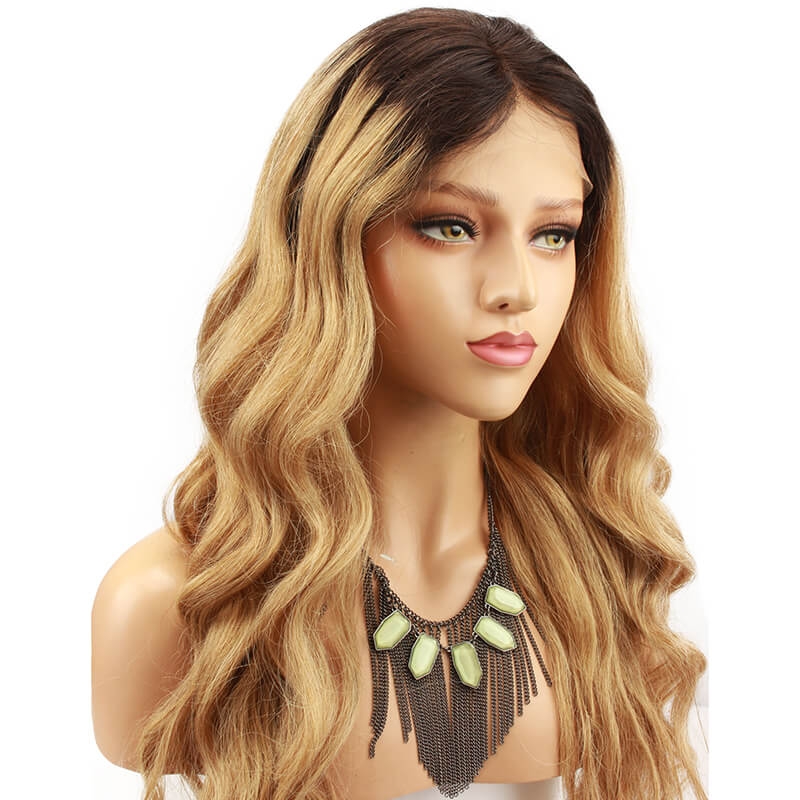 Ombre blonde #1B/27 Brazilian Wave Hair Full Lace Wigs Caps Dark root Lace front wig Bleached knot Pre plucked hairline - Image 3