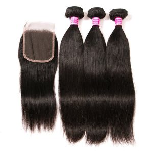 Alternative view of PeruvianHair 3 Bundles With Closure Unprocessed Malaysian Straight Human Hair Bundles With Lace Closure Free Part Hair Extensions