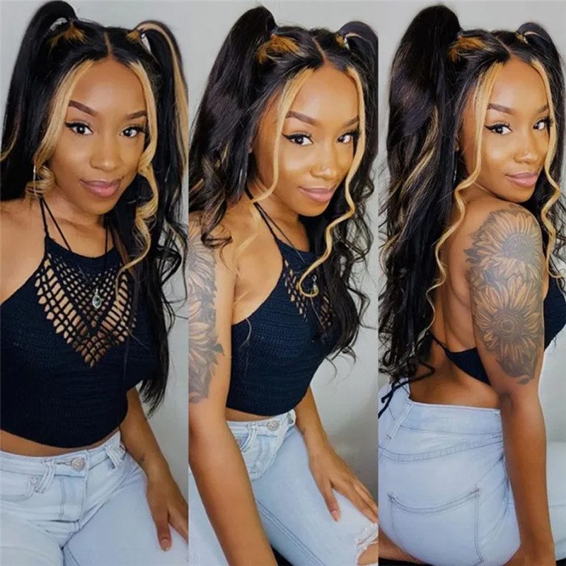 Skunk Stripe Lace Wigs Body Wave Lace Front Wig Peruvian Remy Hair Bob Wig 1B #27 Honey Blonde Colored Human Hair Wigs For Women Highlight Closure Wig - Image 2