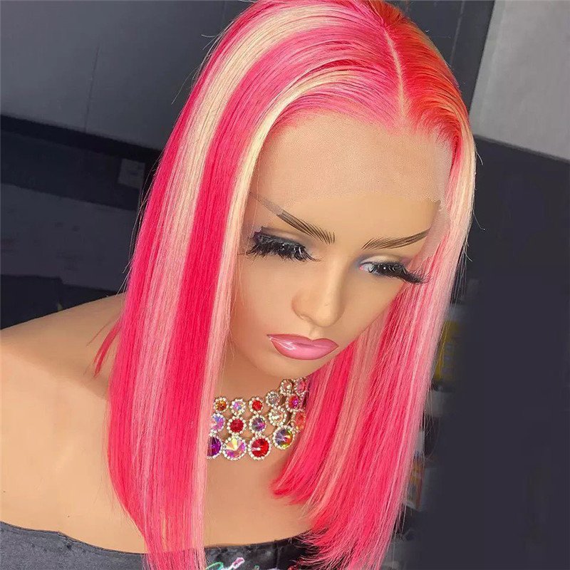Bob Colored Human Hair Wigs For Women Brazilian Blonde Pink Highlight Bob Wig Lace Front Human Hair Wig Preplucked - Image 2