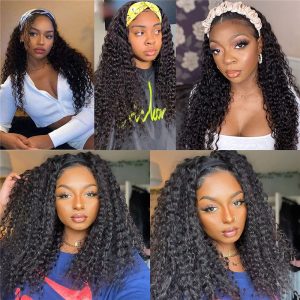 Headband Wigs Human Hair for Black Women Deep Wave Wig 14 Inch Brazilian Virgin Curly Human Hair Wig Glueless None Lace Front Headband Wig - Image 3