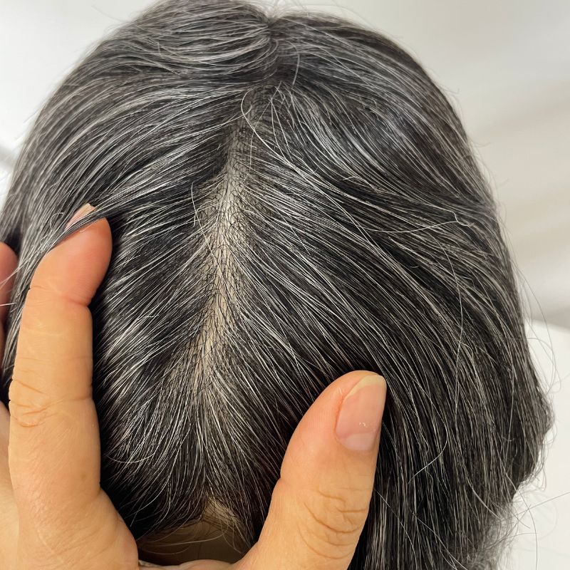 Pwigs Toupee for Men Full Thin Skin PU Cap Base 12inch Long European Human Hair Men Toupee Natural Hairline Hair System 1b Mixed with 60% White Hair Men Wigs - Image 6