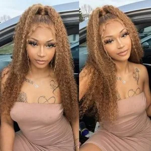 Alternative view of Ombre Honey Blonde Highlight HD Transparent Lace Front Wigs Ombre Color Jerry Curly Human Hair Wigs Pre Plucked 13x4 Lace Front Wigs 150%