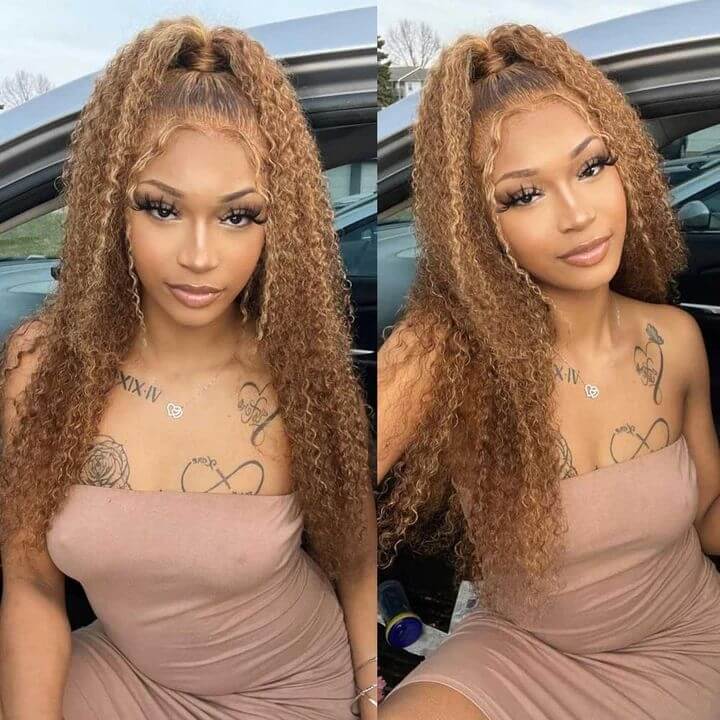 Ombre Honey Blonde Highlight HD Transparent Lace Front Wigs Ombre Color Jerry Curly Human Hair Wigs Pre Plucked 13x4 Lace Front Wigs 150% - Image 2
