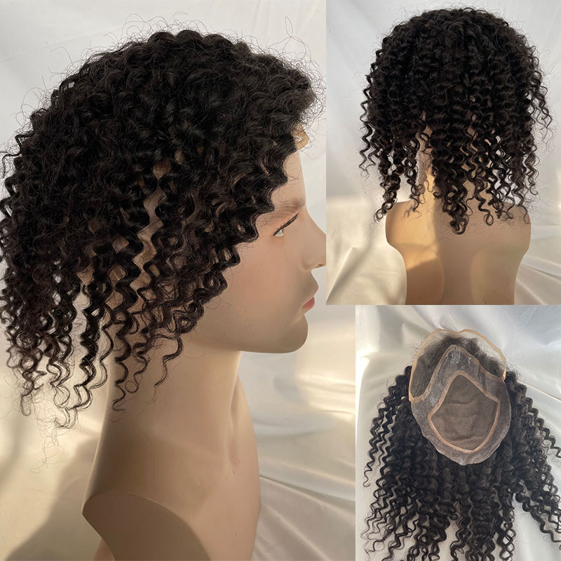 12inch Mens Toupee Human Hair Topper Hairpiece for Men Curly Hair Mono Lace Replacement Wig for Men 10X8inch Kinky Curly Toupee Natural Color - Image 3