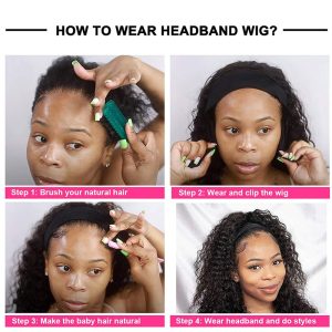 Highlights Headband Wig Human Hair Curly None Lace Front Wigs Deep Wave Natural Human Hair Wig Headband Attached Balayage Black with Auburn Highlights - Image 8