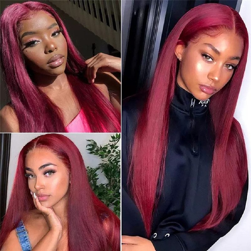 150% Straight 99j Lace Front Wig Red Burgundy Closure Wig Brazilian Remy Hair Wigs Colored Human Hair Wigs Glueless Lace Wig - Image 3