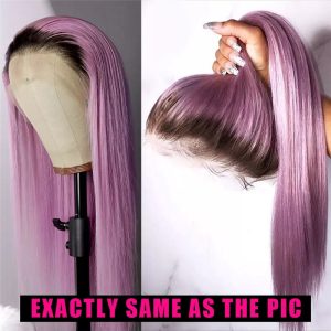 Lilac Purple With Dark Root Straight Lace Front Wigs Transparent Purple Lace Front Wig Straight Colored Human Hair Wigs For Women - Image 4