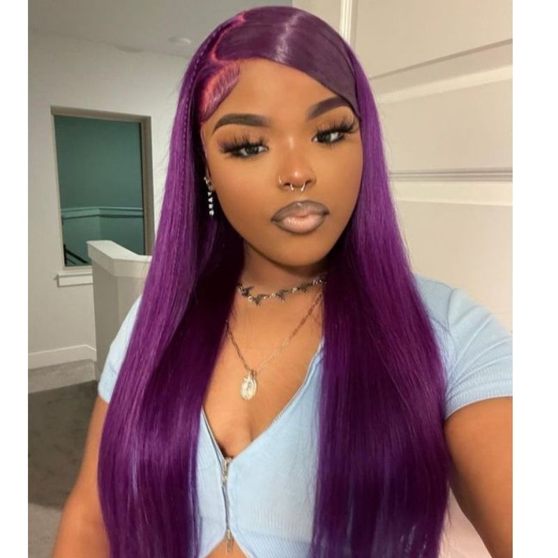 HD Lace Frontal Wig Ombre Grape Purple Colored Cambodian Human Hair Wigs For Women Pre Plucked Straight Glueless Wig - Image 3