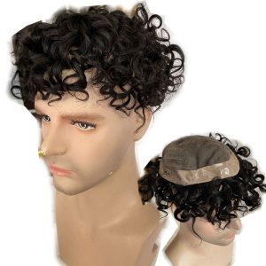 Pwigs Deep Wavy Human Hair Toupee Curly Mono Lace Skin Around Pu Toupee For Men Wave Replacement System Curly Wigs 10x8inch 1B Color - Image 5