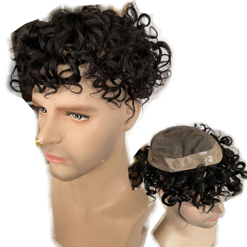 Pwigs Deep Wavy Human Hair Toupee Curly Mono Lace Skin Around Pu Toupee For Men Wave Replacement System Curly Wigs 10x8inch 1B Color - Image 5
