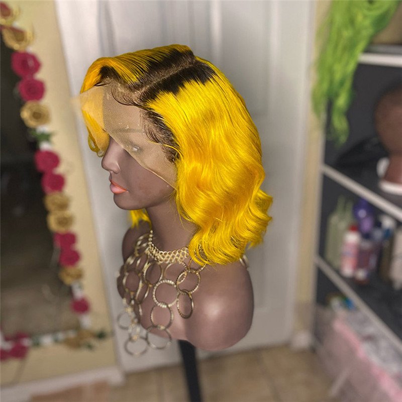 Wavy Bob Yellow Ombre Closure Wig Brazilian Remy Transparent Lace Wigs Colored Human Hair Wigs For Women Preplucked - Image 2