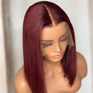 Alternative view of 150% Straight 99j Red Short Bob Human Hair Wigs Brazilian Remy Pre Plucked Highlight Wig 13x4 Lace Wigs Glueless Wigs