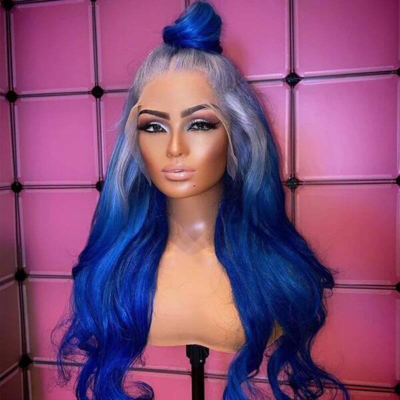 Body Wave Sliver and Blue Gradient Colored Lace Front Human Hair Wigs Brazilian Remy Highlight Colored Lace Front Wigs Ombre Blue Human Hair Lace Wig 150% Pwigs - Image 4