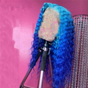 Alternative view of 150% Density Deep Wave Blue Ombre Lace Front Wig Brazilian Remy Hair Blue Human Hair Lace Wig Pre Plucked Blue Colored Wigs