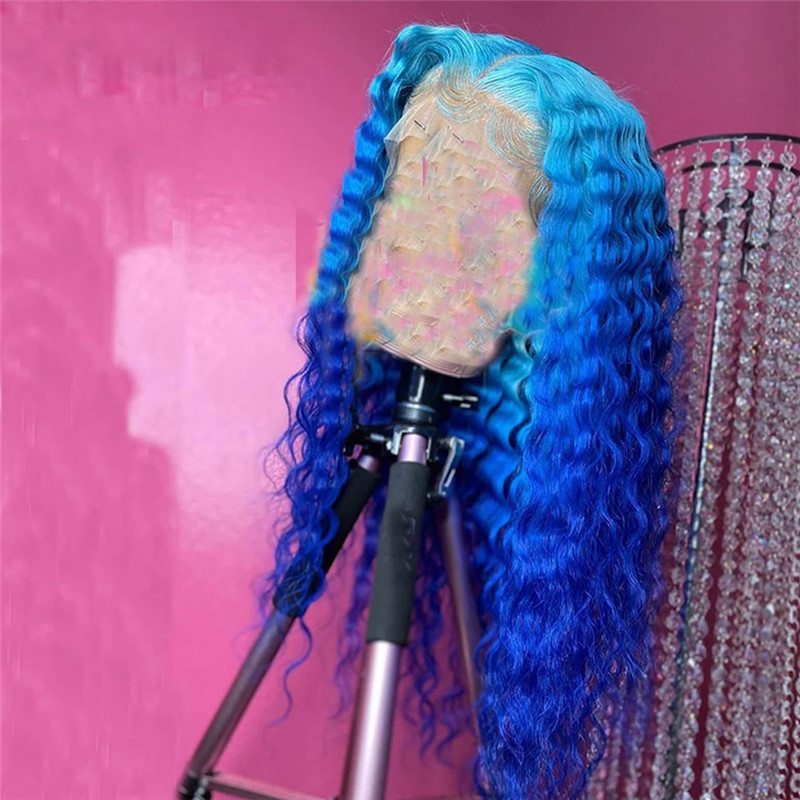 150% Density Deep Wave Blue Ombre Lace Front Wig Brazilian Remy Hair Blue Human Hair Lace Wig Pre Plucked Blue Colored Wigs - Image 2