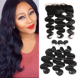Body Wave 3 Bundles With Lace Frontal(13X4) 8A Unprocessed Human Hair bundles with ear to ear Lace closure Natural Color