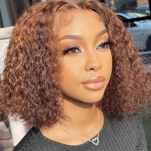 Human Hair Wigs Indian Hair Brown Colored Curly Lace Front Bob Wig 13x4 Brown Curly Wigs Preplucked - Image 6