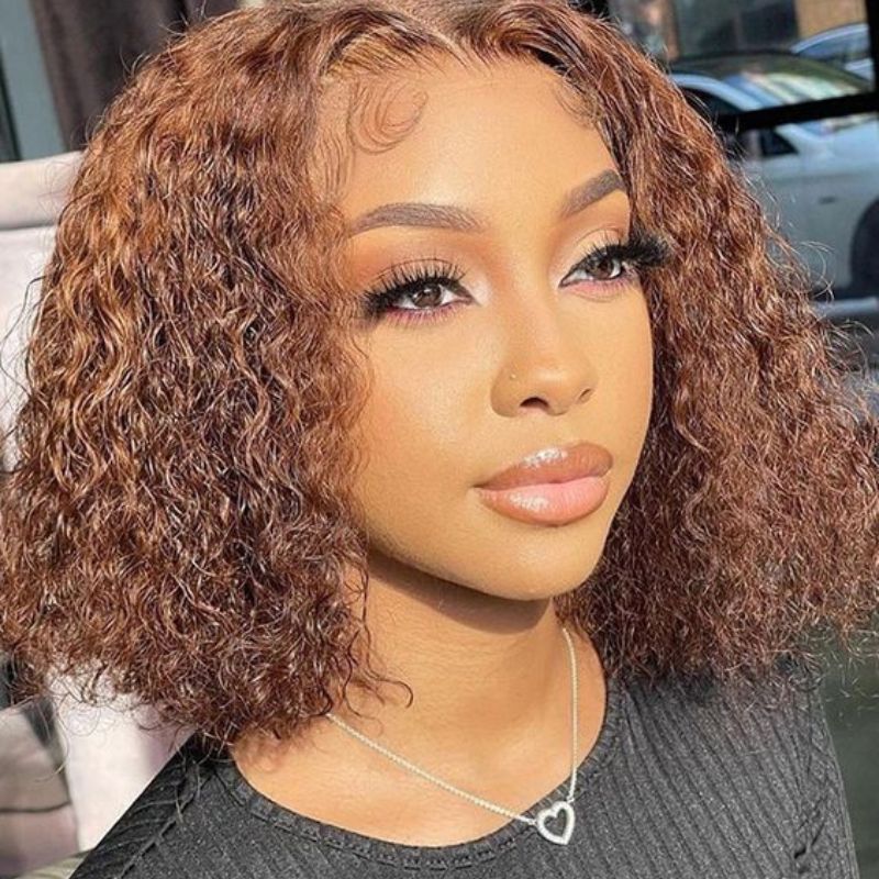 Human Hair Wigs Indian Hair Brown Colored Curly Lace Front Bob Wig 13x4 Brown Curly Wigs Preplucked - Image 6