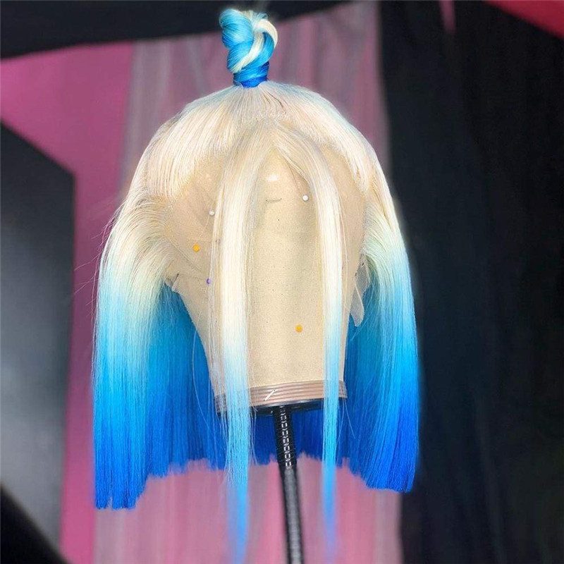 Bob Blue Colored Human Hair Wigs For Women Straight Ombre Lace Front Wig Preplucked Brazilian Remy Blue Bob Wig 150% - Image 3