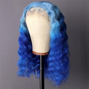 Human Hair Blue Ombre Color Lace Front Deep Wave Wigs