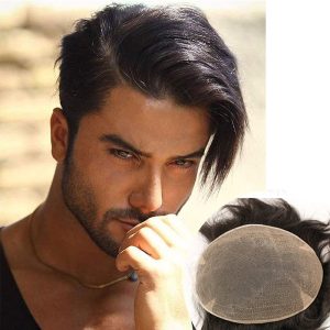 Alternative view of Pwigs Hairpiece Full French Lace Mens Toupee Bleached Knots Men Toupee Human Hair Wig Indian Remy Hair System Breathable 8x10 Toupee 18# Color