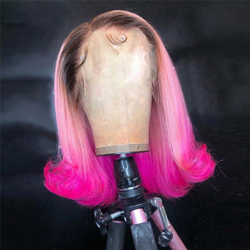 Pink Short Bob Wig Preplucked Red Lace Part Wig Glueless Brazilian Remy Ombre Human Hair Wig Transparent Lace Wigs For Women 150 - Image 3