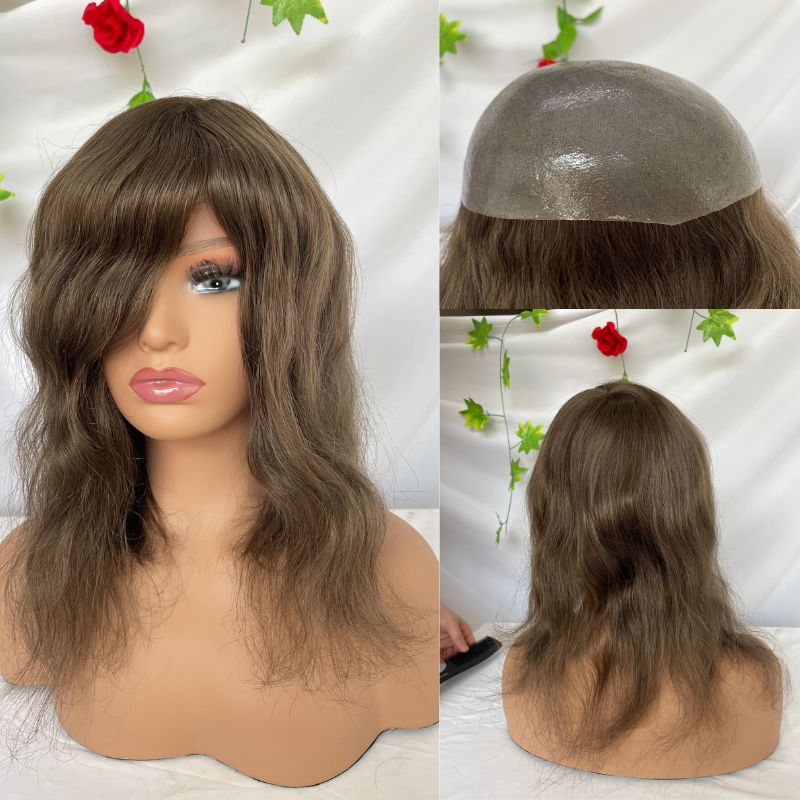 12 Inch Toupee for Women #4 Brown Color Cap Wigs for Women Cambodian Human Hair V-Loop Super Thin Skin Base Full PU 8x10 Inch