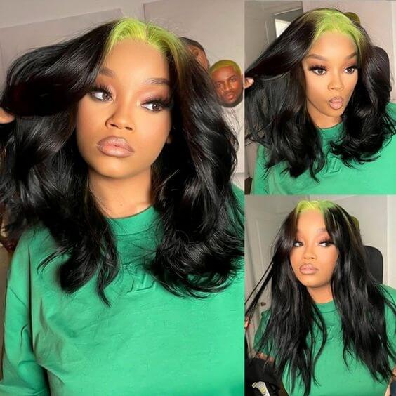 Green Roots Ombre Hightlight HD Transparent Lace Peruvian Human Hair Black And Green Ombre Lace Front Wigs Body Wave Black Wigs With Lime