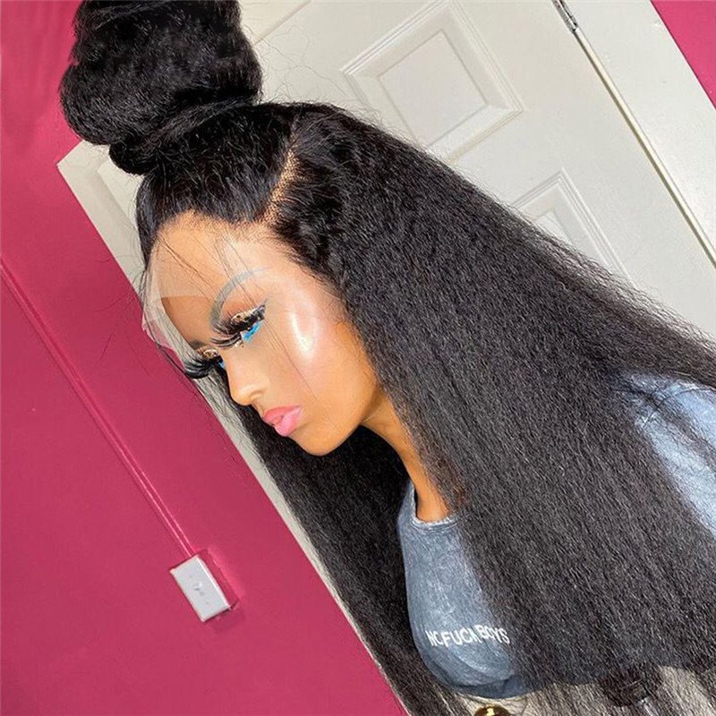 Kinky Straight 13x4 Lace Wig 150% Density Brazilian Remy Yaki Straight Human Hair Wigs For Women Pre Plucked Lace Front Wig - Image 2