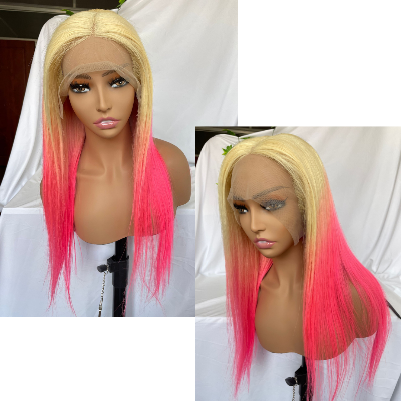 Blonde Ombre Pink Lace Front Human Hair Wigs Straight Wave 13x4 Lace Frontal Wig Colored Lace Front Wig 150% - Image 2