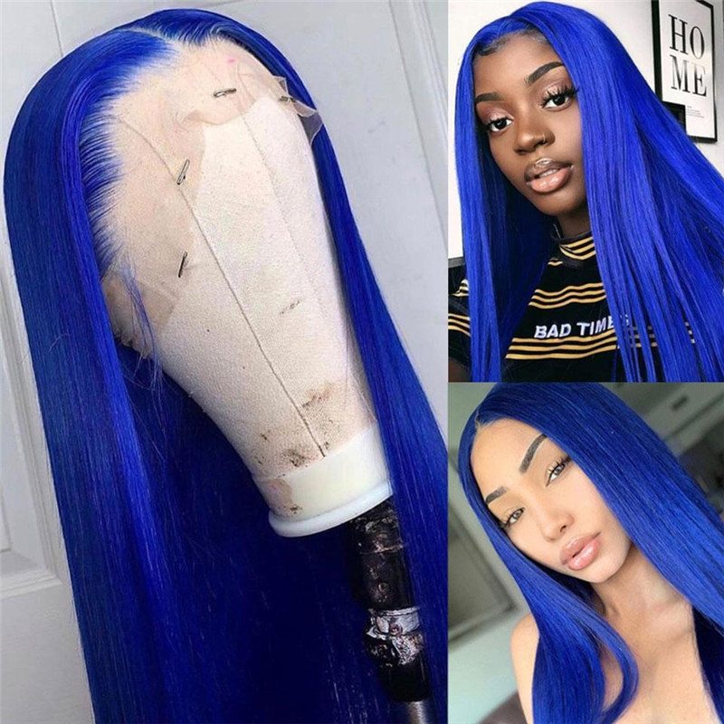 28inch Blue Ombre Colored Lace Front Human Hair Wigs For Women Pre Plucked Brazilian Remy Straight Blue Lace Front Wig - Image 5