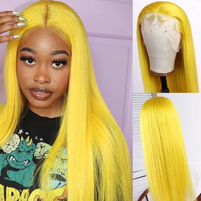 Yellow Silky Straight 13x4 Short Bob Human Hair Wigs Brazilian Remy Wig Yellow Bob Frontal Wigs For Women Pre Plucked Transparent Wigs 150% - Image 3