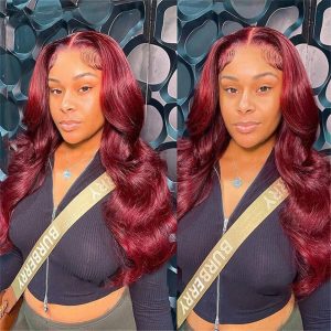 99J Straight/Body Wave 13X4 Burgundy Hd Lace Front Pre Plucked Colored Human Hair Wigs For Women - Image 3