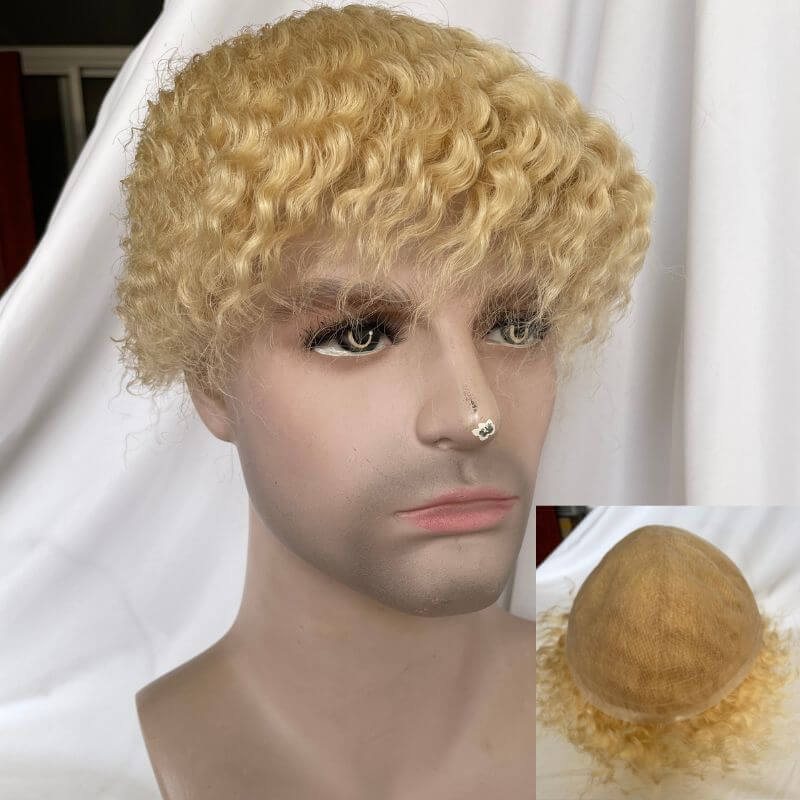 #613 Blonde Mens Wigs Toupees Human Hair Full Lace 360 Weave Curly Man Unit 8x10inch Kinky Curl Toupee for Black Men Swiss Lace Hair System Men Toupee Hair Wigs - Image 6