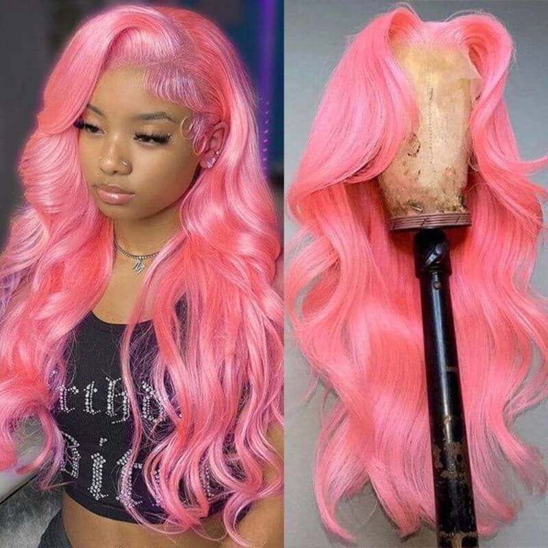 Body Wave Pink Colored Human Hair Wigs For Women Preplucked Brazilian Remy Pink Ombre HD Transparent Lace Frontal Wig