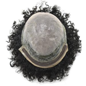 Alternative view of Pwigs Hairpiece Afro American 100% Human Hair System French Lace Natural Hairline Injected Pu Skin With Breathable Holes Layered Lace Top Afro Curly