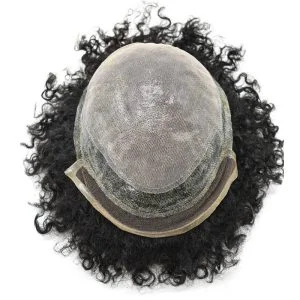 Alternative view of Pwigs Hairpiece Afro American 100% Human Hair System French Lace Natural Hairline Injected Pu Skin With Breathable Holes Layered Lace Top Afro Curly