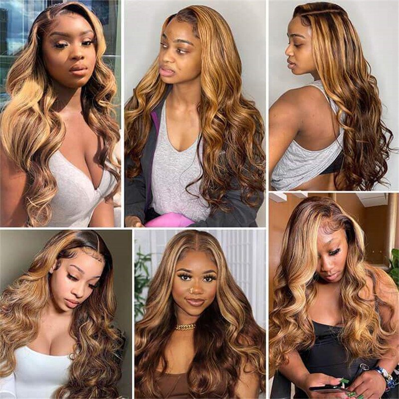 4/27 Honey Blonde Highlight Body Wave Ombre Hd Lace Front Human Hair Wigs Free Part 30 Inch - Image 5