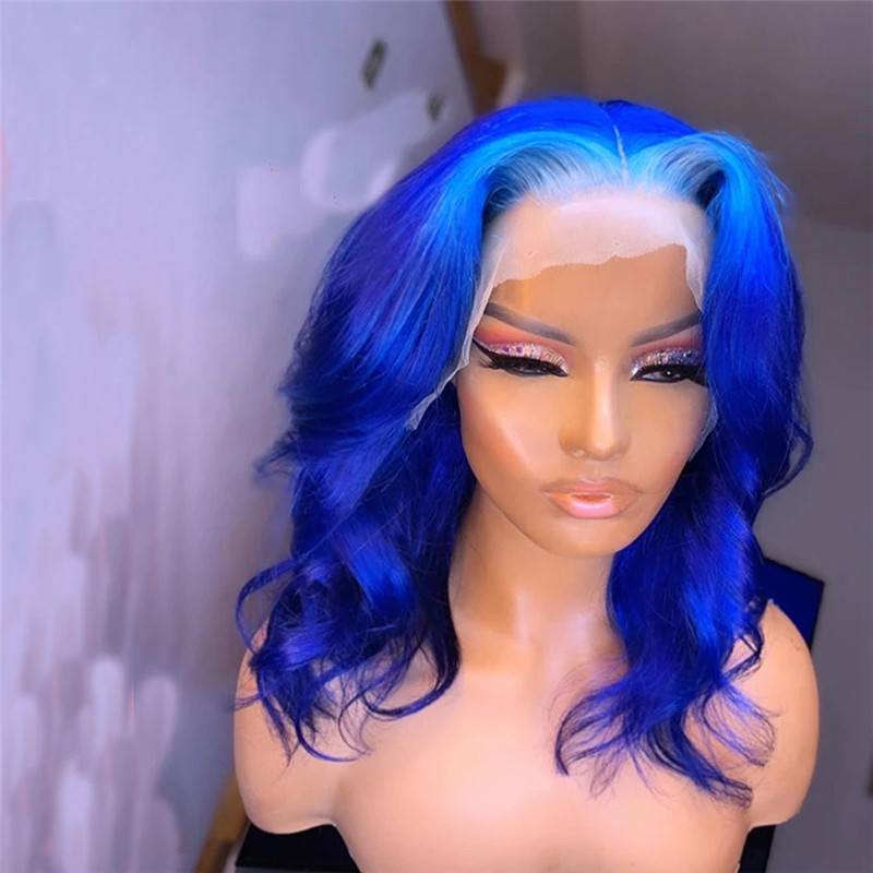 Bob Wavy Blue Wig Brazilian Remy Hair Blue Human Hair Lace Wig Bob Ombre Human Hair Wigs For Women Transparent Lace Wigs 150% - Image 2