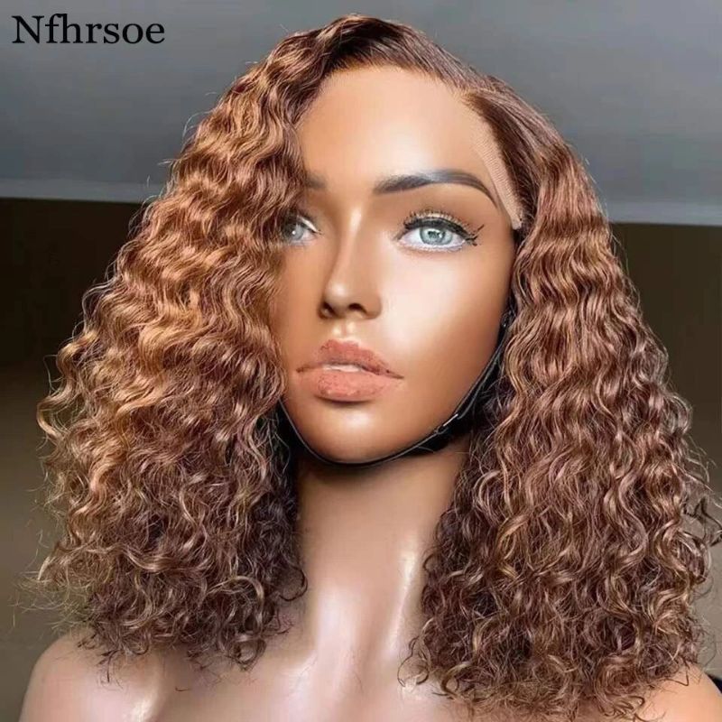 Human Hair Wigs Indian Hair Brown Colored Curly Lace Front Bob Wig 13x4 Brown Curly Wigs Preplucked - Image 3