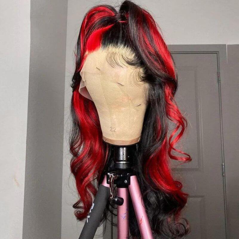 Ombre Wigs Human Hair Red Ombre With Dark Root Lace Frontal Wig Half Wigs Highlight Body Wave Human Hair Brazilain Wigs Pre Plucked Glueless Wig 150% Density Medium Cap - Image 3