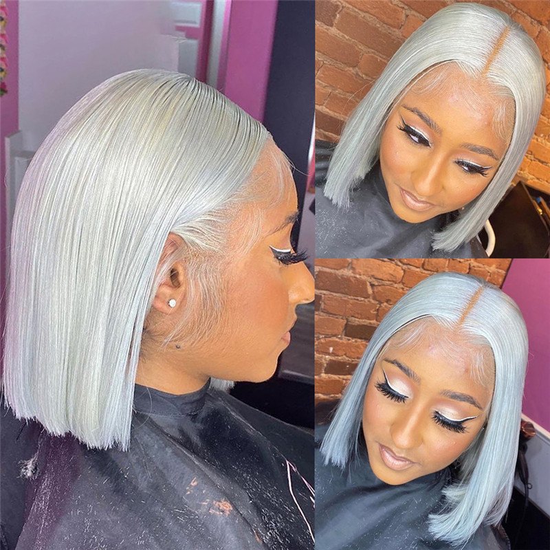 Transparent Lace Wigs For Women 150% Density Grey Bob Human Hair Wigs Brazilian Remy 13x4 Lace Wig Short Bob Ombre Wig - Image 5