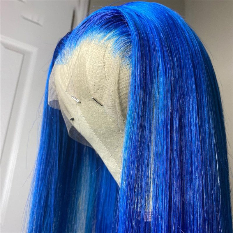 28inch Blue Ombre Colored Lace Front Human Hair Wigs For Women Pre Plucked Brazilian Remy Straight Blue Lace Front Wig - Image 2